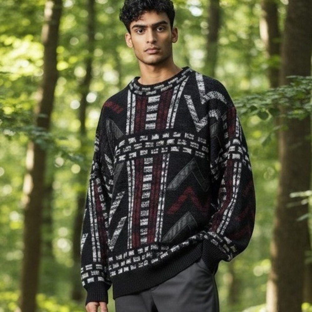 VTG F.Y.I. Private Stock Sweater Mens M Leather Trim Eclectic‎ Geometric